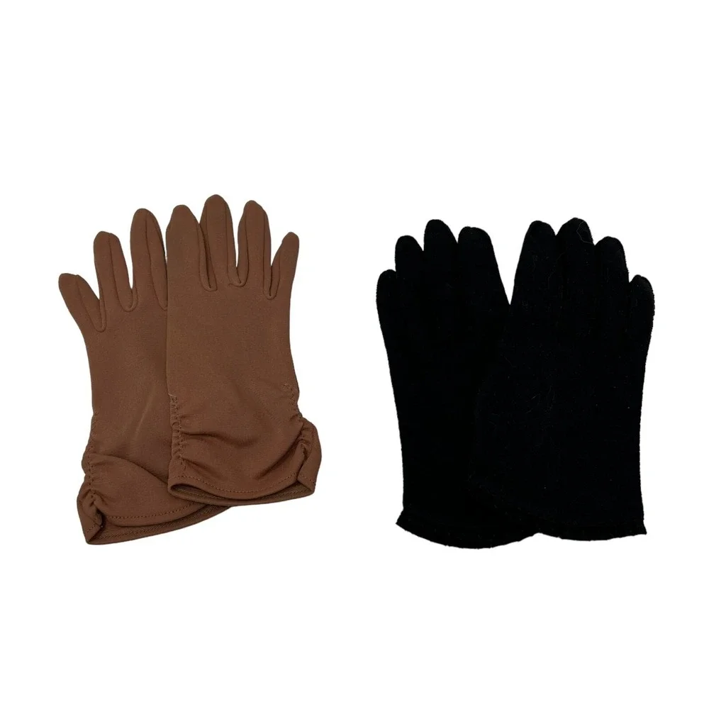 Womens Vintage Gloves Two Pair Brown Nylon and Black Cotton Size 6 1/2